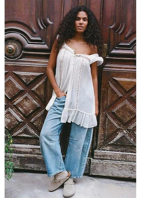 Free People Good Luck Mid Rise Barrel Jean Ultra Light Beam available at Guanabana Boutique Darby Street, Newcastle. 